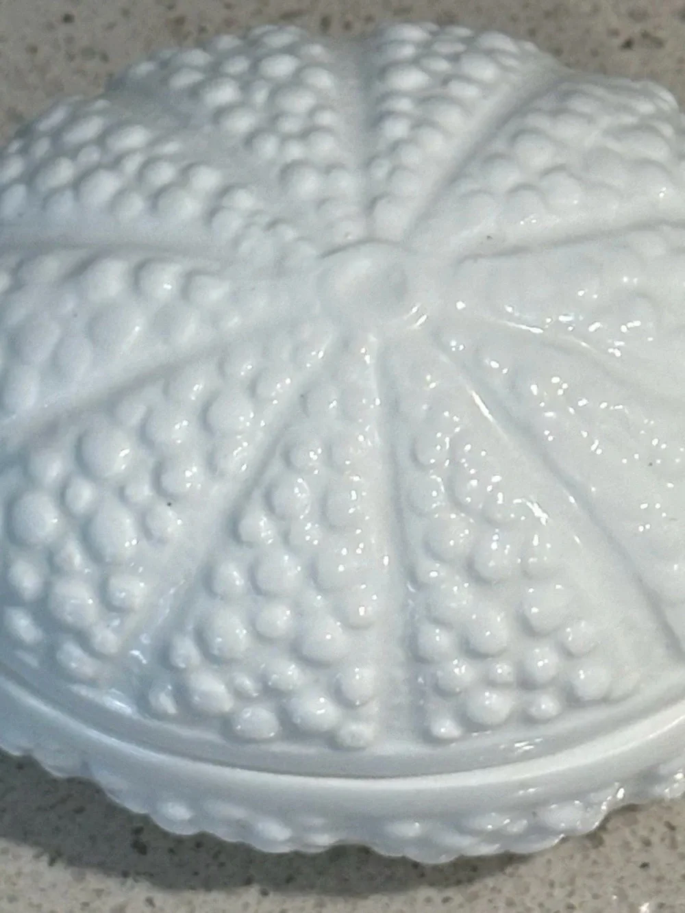 White Glass Covered Trinket Dish with Textured Sea Urchin Design